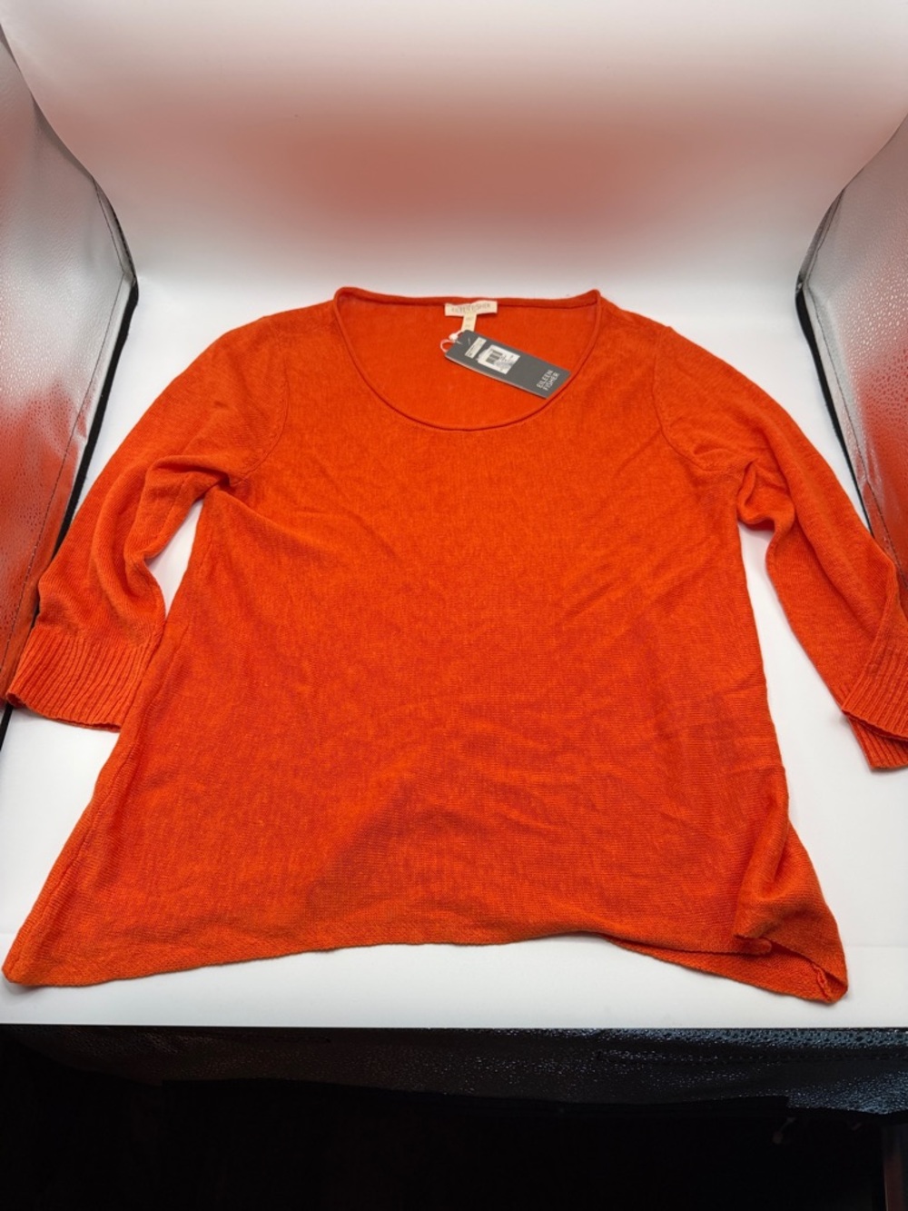 NWT Eileen Fisher 100% Linen Orange Scoop Neck 3/4 Sleeve Sweater Top S Petite
